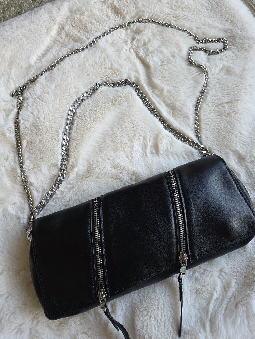 Zara Black Leather Crossbody with Silver Chain
